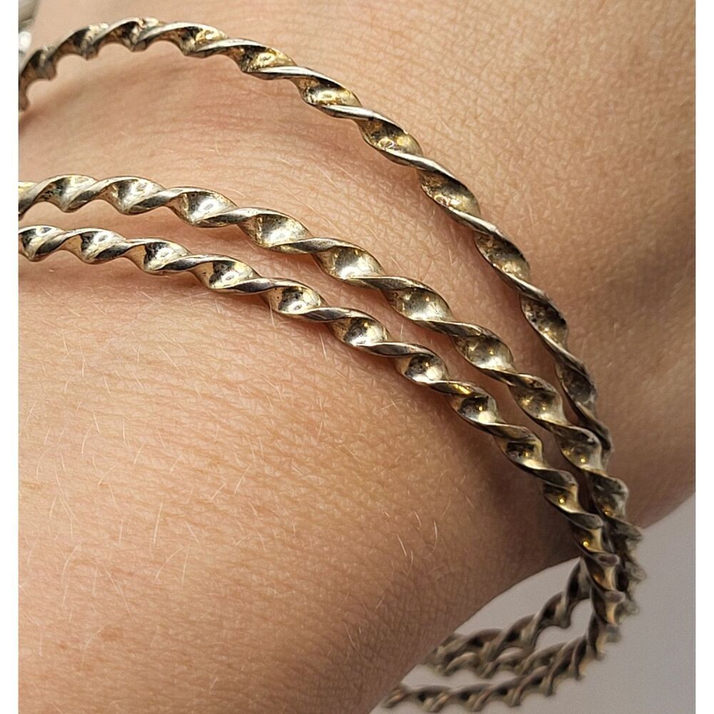 Set of 3 Vintage Twisted Silver Bangle Bracelets 2.6in dia